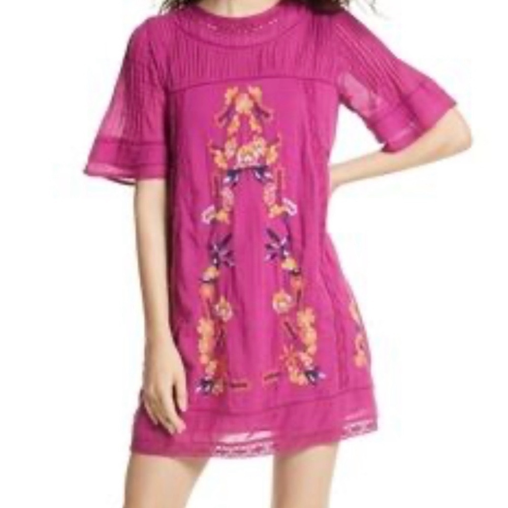 Free People Perfectly Victorian Embroidered Mini Dress Size XS Pink Boho